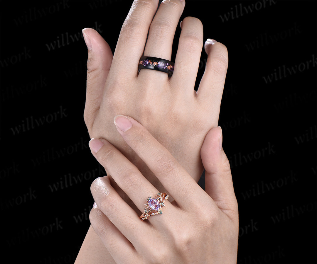 Oval Lavender Amethsyt Twig Moss Agate Leaf Bridal Set & Tungsten Amethyst Men Wedding Band Unique Couple Ring Set