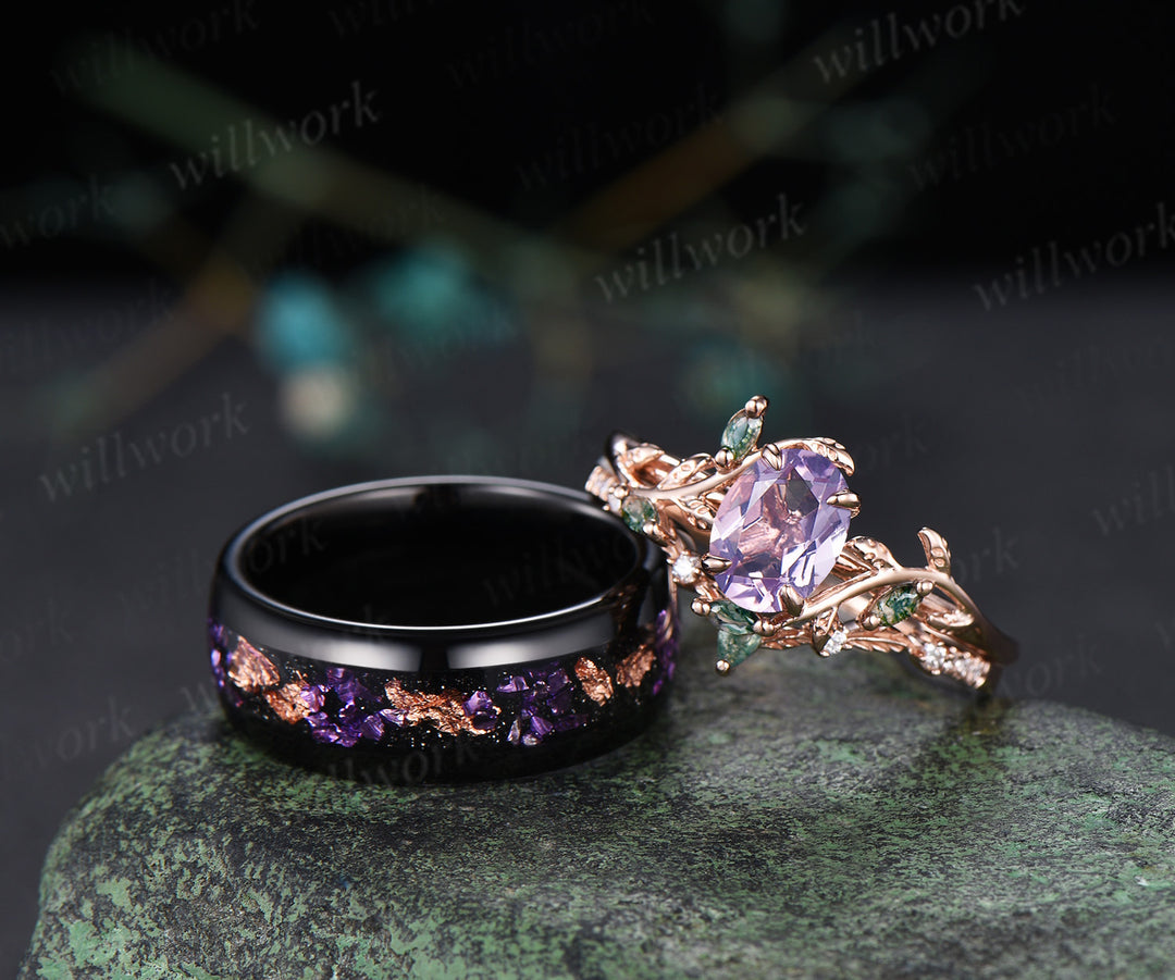 Oval Lavender Amethsyt Twig Moss Agate Leaf Bridal Set & Tungsten Amethyst Men Wedding Band Unique Couple Ring Set