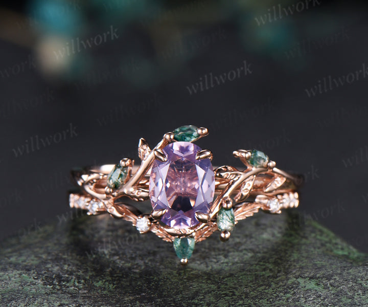 Oval Lavender Amethsyt Twig Moss Agate Leaf Bridal Set & Tungsten Amethyst Men Wedding Band Unique Couple Ring Set