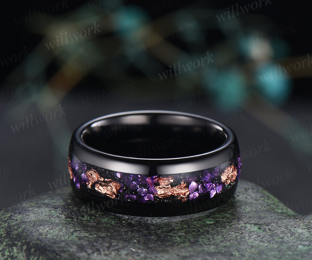 Oval Lavender Amethsyt Twig Moss Agate Leaf Bridal Set & Tungsten Amethyst Men Wedding Band Unique Couple Ring Set