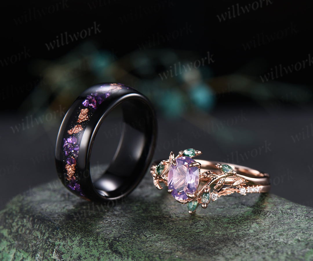 Oval Lavender Amethsyt Twig Moss Agate Leaf Bridal Set & Tungsten Amethyst Men Wedding Band Unique Couple Ring Set