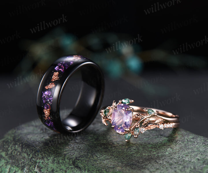 Oval Lavender Amethsyt Twig Moss Agate Leaf Bridal Set & Tungsten Amethyst Men Wedding Band Unique Couple Ring Set