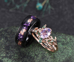 Oval Lavender Amethsyt Twig Moss Agate Leaf Bridal Set & Tungsten Amethyst Men Wedding Band Unique Couple Ring Set