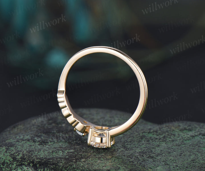 Vintage round cut IGI Lab grown diamond Engagement Ring solid 14k yellow gold Peacock Feather You and me wedding promise ring women gift