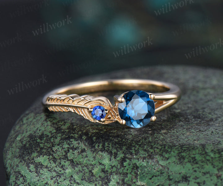 Vintage round cut London blue topaz Engagement Ring solid 14k yellow gold Peacock Feather two stone sapphire Toi et Moi ring women gift