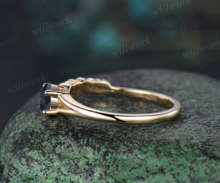 Vintage round cut London blue topaz Engagement Ring solid 14k yellow gold Peacock Feather two stone sapphire Toi et Moi ring women gift