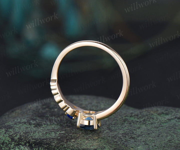 Vintage round cut London blue topaz Engagement Ring solid 14k yellow gold Peacock Feather two stone sapphire Toi et Moi ring women gift