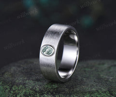 Solitaire oval moss agate mens wedding band 6mm white gold brushed finish bezel setting ring anniversary gifts for men