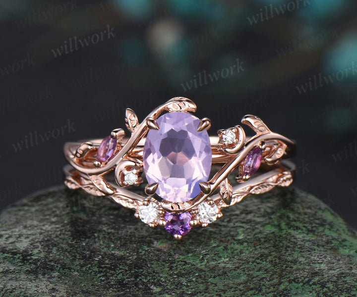 Oval cut natural lavender amethyst engagement ring set amethyst diamond moon leaf ring nature inspired 2pcs bridal set