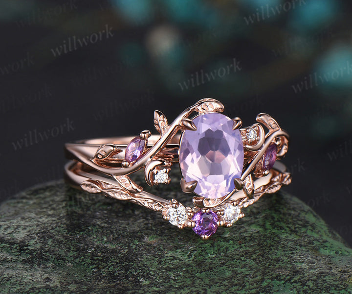 Oval cut natural lavender amethyst engagement ring set amethyst diamond moon leaf ring nature inspired 2pcs bridal set