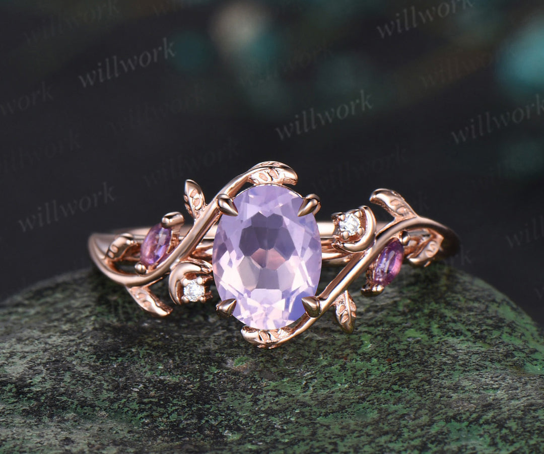 Oval cut natural lavender amethyst engagement ring set amethyst diamond moon leaf ring nature inspired 2pcs bridal set