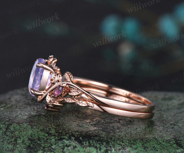 Oval cut natural lavender amethyst engagement ring set amethyst diamond moon leaf ring nature inspired 2pcs bridal set