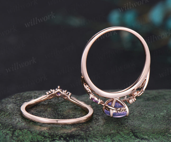 Oval cut natural lavender amethyst engagement ring set amethyst diamond moon leaf ring nature inspired 2pcs bridal set