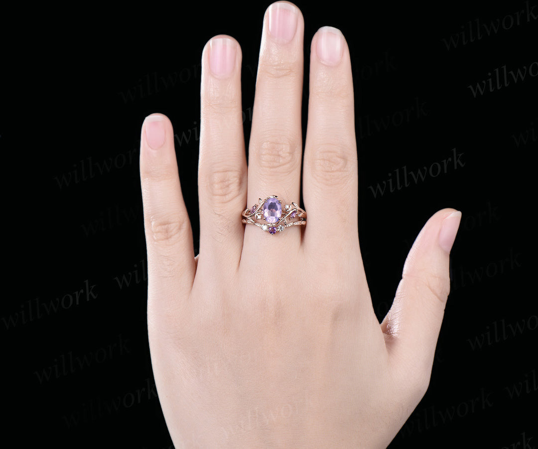Oval cut natural lavender amethyst engagement ring set amethyst diamond moon leaf ring nature inspired 2pcs bridal set