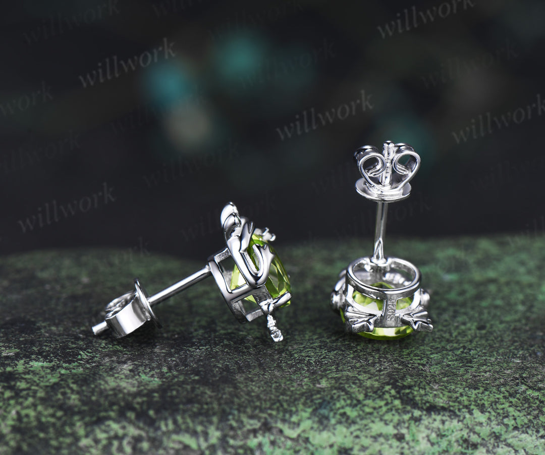 Frog stud earrings round peridot earrings 14k white gold emerald nature animal jewelry gift