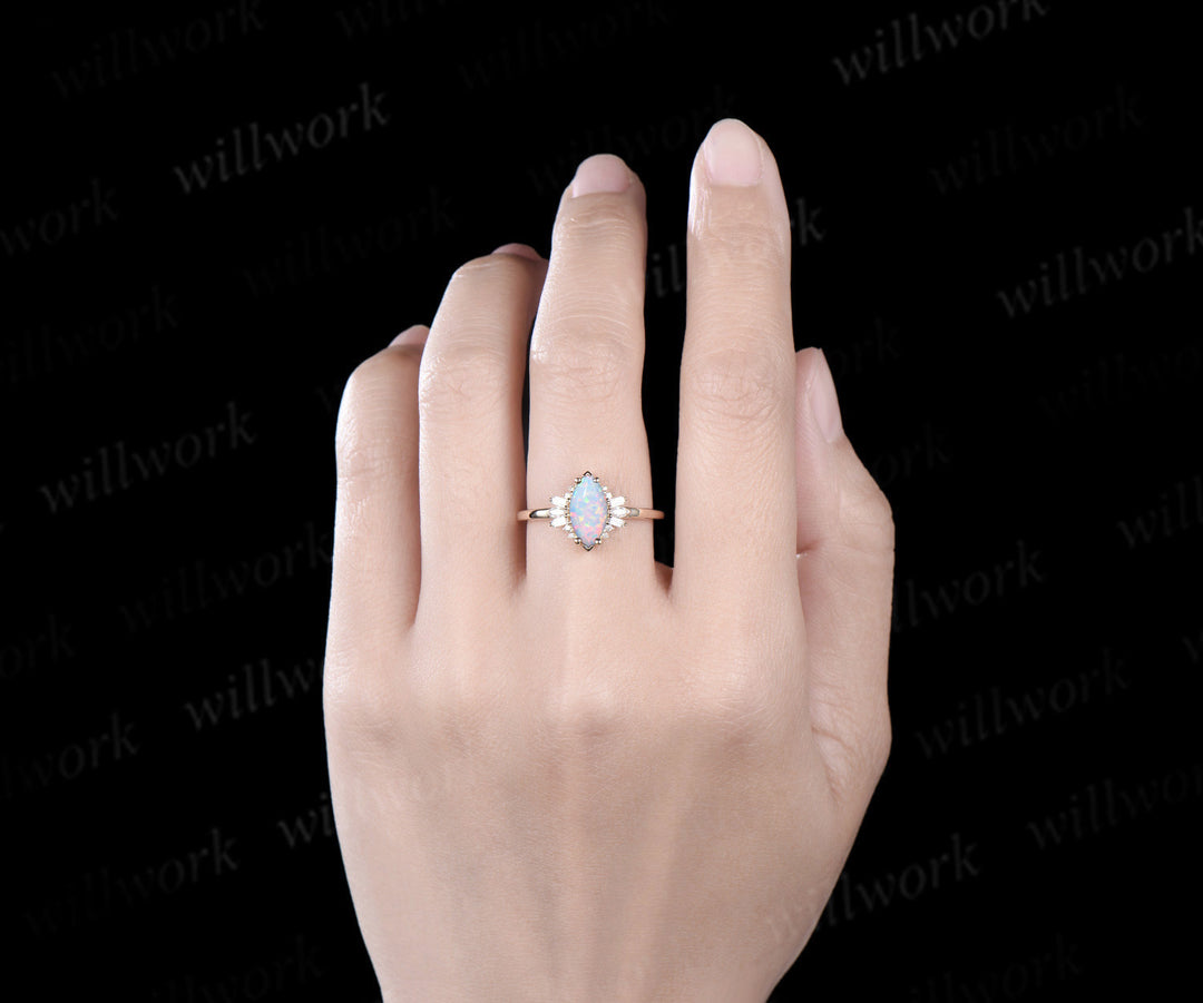 Marquise white opal engagement ring solid 14k yellow gold cluster Baguette cut moissanite wedding anniversary ring women gift