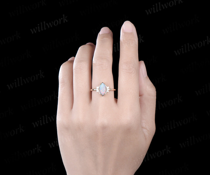 Marquise white opal engagement ring solid 14k yellow gold cluster Baguette cut moissanite wedding anniversary ring women gift