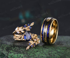 Vintage Pear Blue Sapphire Leaf Ring Set & Tungsten Galaxy Nebula Men Blue Sandstone Band Couple Ring Set