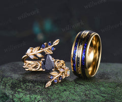 Nature Inspired Pear Galaxy Blue Sandstone Leaf Ring Set & Tungsten Galaxy Nebula Men Blue Sandstone Band Couple Ring Set