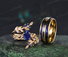 Pear Lapis Lazuli Leaf Vines Bridal Ring Set & Tungsten Galaxy Nebula Gold Flakes Men Band Unique Couple Ring Set