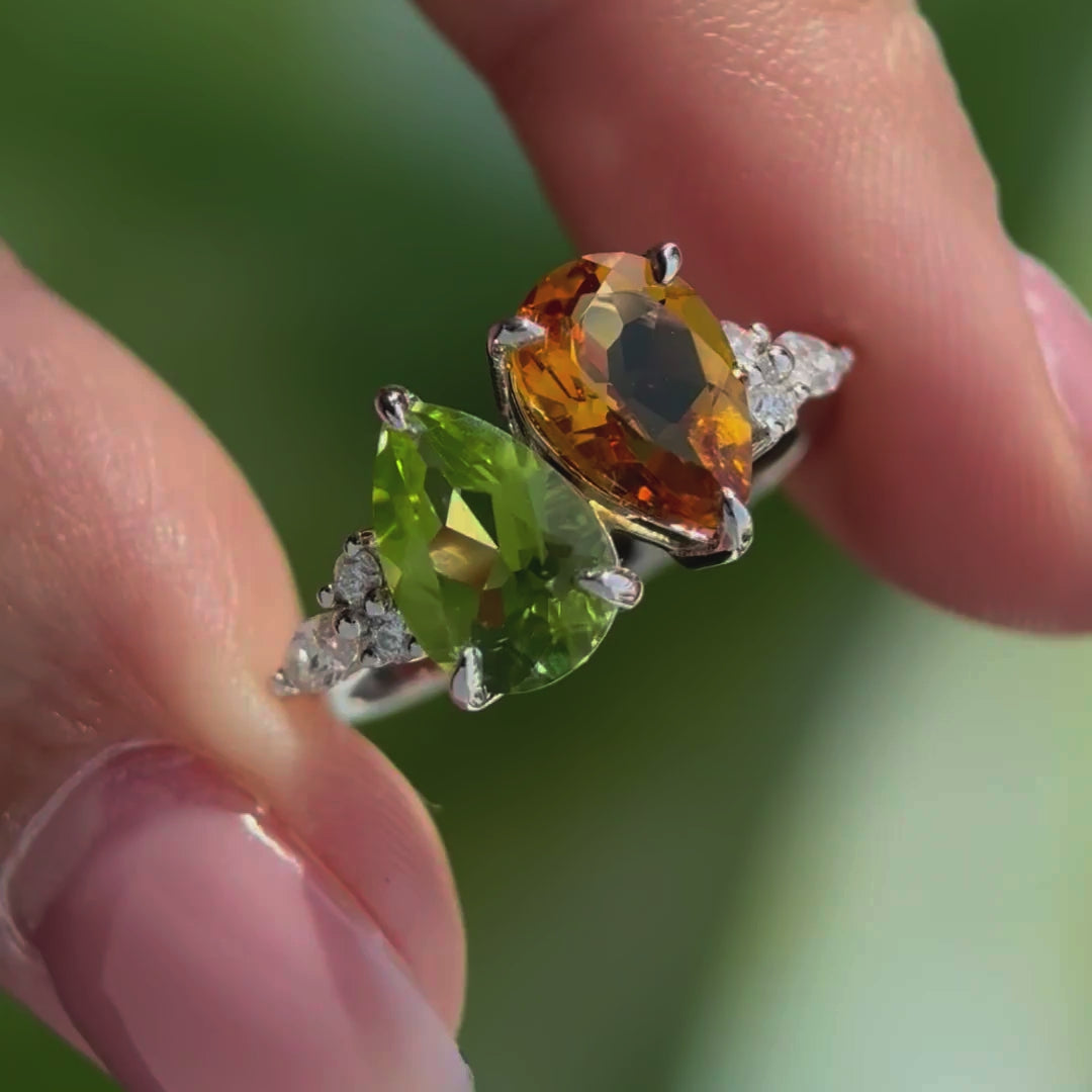 Unique pearcut citrine engagement ring teardrop peridot Toi et Moi ring dainty anniversary ring women