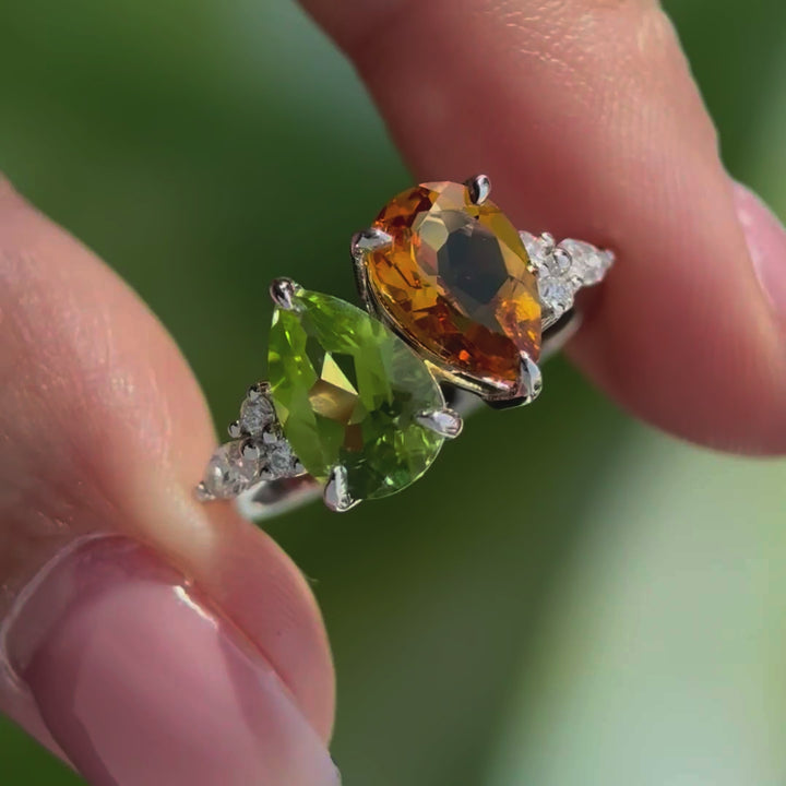 Unique pearcut citrine engagement ring teardrop peridot Toi et Moi ring dainty anniversary ring women