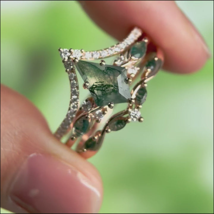 Kite cut moss agate engagement ring set unique marquise moss agate ring diamonds half eternity curved wedding band vintage bridal set