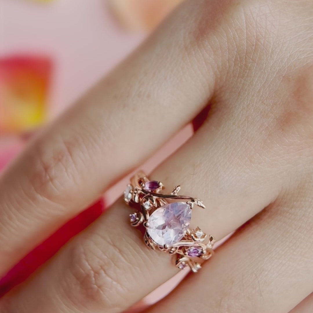Vintage pear shaped Lavender Amethyst engagement ring rose gold nature inspired leaf moon moissanite wedding bridal ring set women