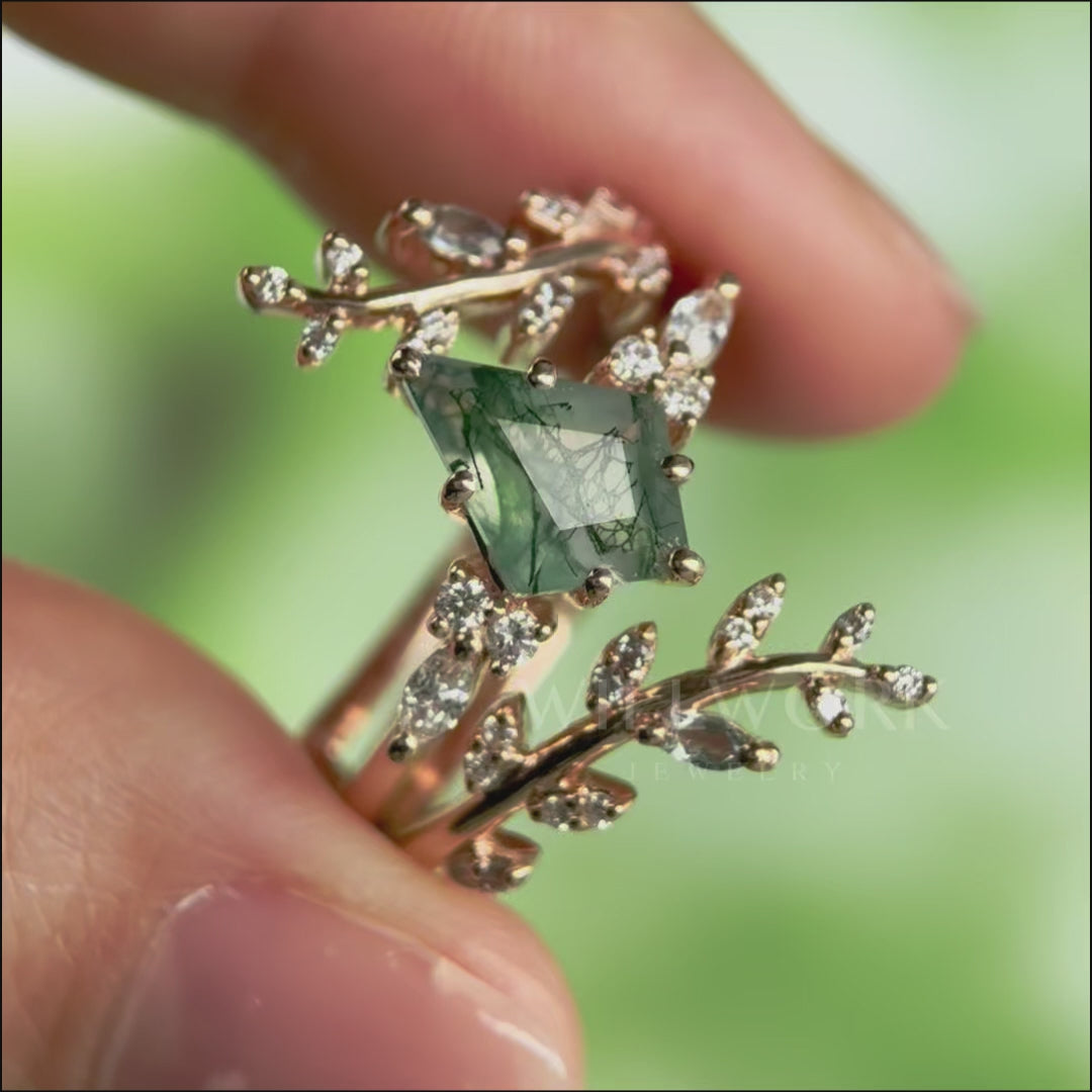Kite cut moss agate engagement ring rose gold leaf alexandrite diamond wedding band enhancer unique anniversary bridal ring set women
