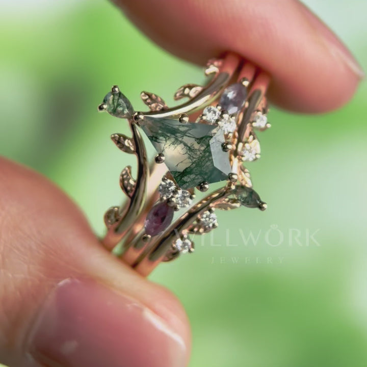 Vintage kite natural moss agate engagement ring art deco alexandrite ring rose gold leaf nature inspired moissanite wedding ring band women