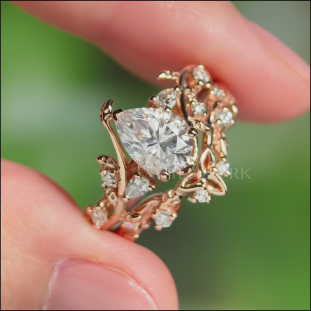 Vintage Pear shaped IGI lab-grown diamond engagement ring white gold leaf branch diamond bridal ring set Celtic knot wedding ring band women jewelry