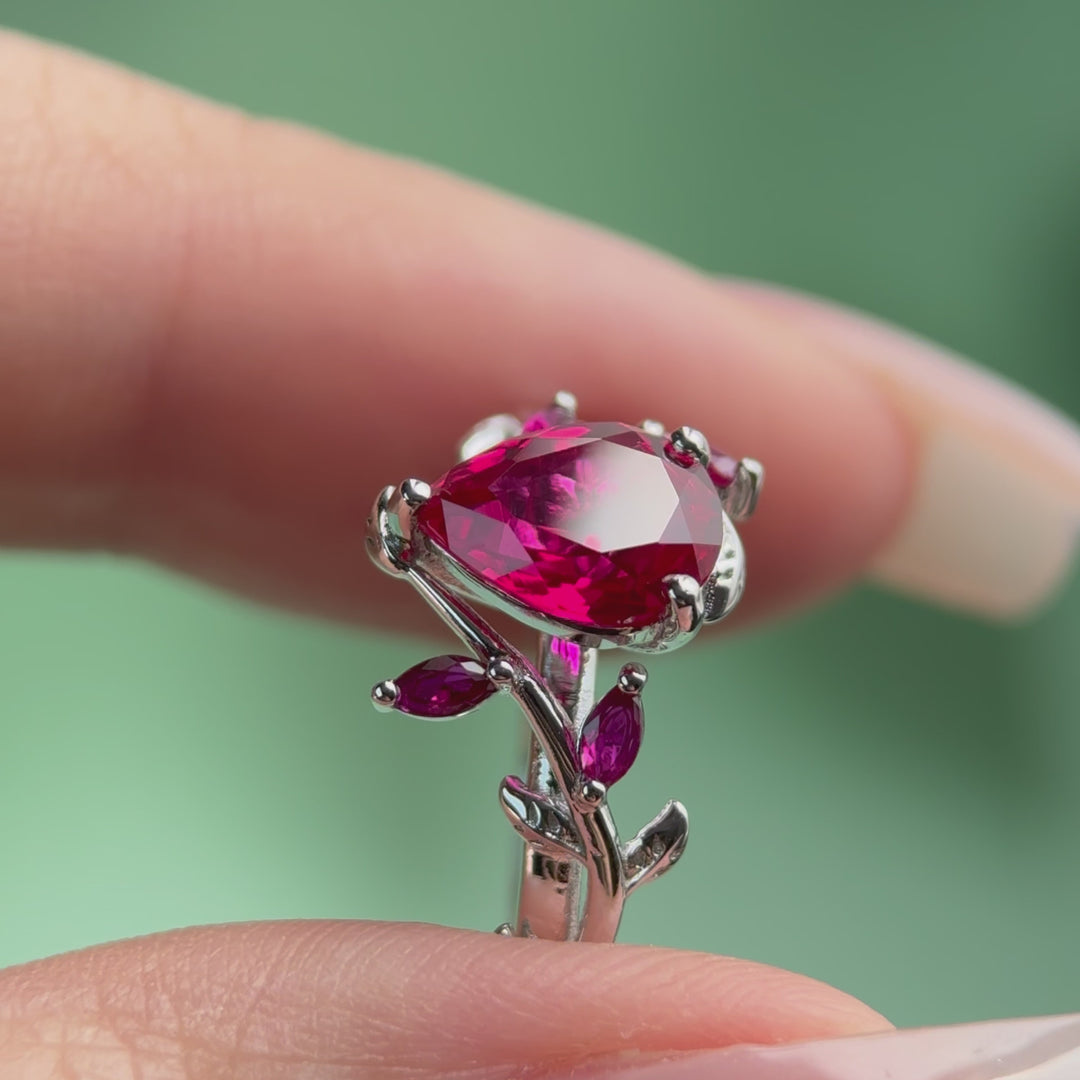 Pear shaped ruby engagement ring white gold leaf branch marquise ruby wedding anniversary ring women gift