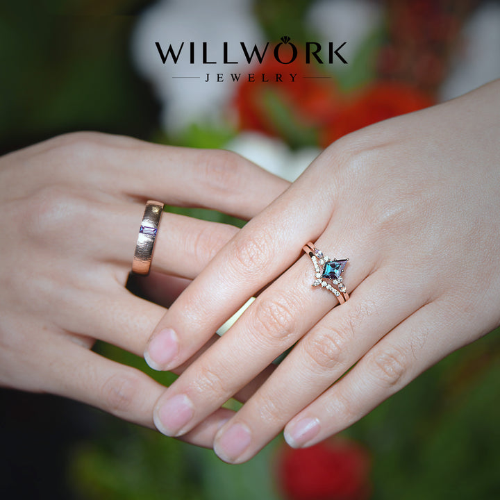 Captivating Alexandrite Kite & Moonstone Ring Set | Refined baguette Alexandrite Men's Ring 14K rose gold couple set jewellery Perfect for Valentine's Day Gifts and Thoughtful Presents for Her
