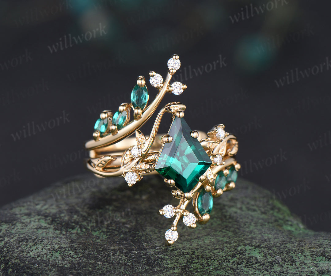 Kite cut emerald leaf engagement ring set twig nature inspired 14k yellow gold diamond enhancer wedding band bridal set