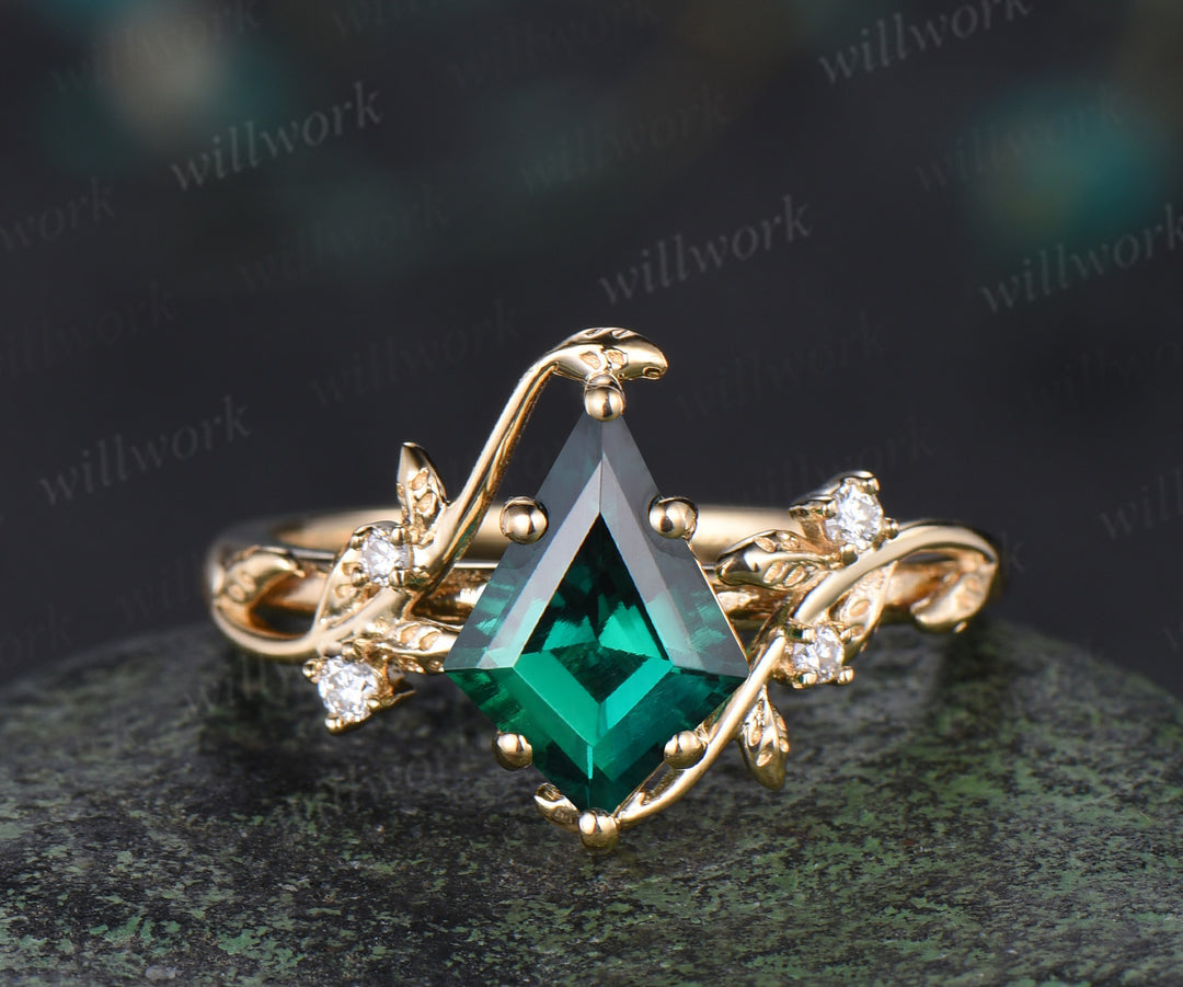 Kite cut emerald leaf engagement ring set twig nature inspired 14k yellow gold diamond enhancer wedding band bridal set