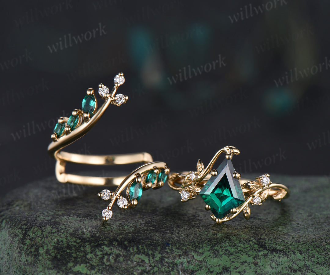 Kite cut emerald leaf engagement ring set twig nature inspired 14k yellow gold diamond enhancer wedding band bridal set