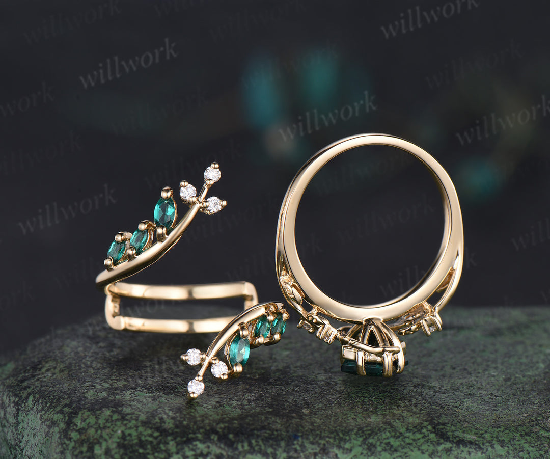 Kite cut emerald leaf engagement ring set twig nature inspired 14k yellow gold diamond enhancer wedding band bridal set
