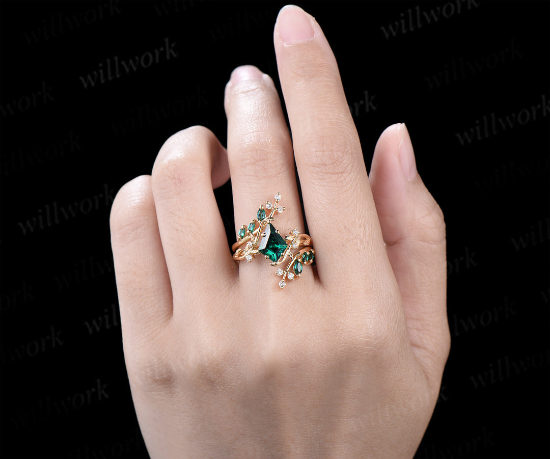 Kite cut emerald leaf engagement ring set twig nature inspired 14k yellow gold diamond enhancer wedding band bridal set