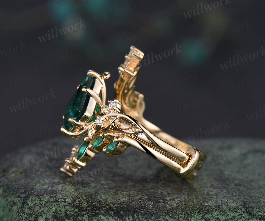 Kite cut emerald leaf engagement ring set twig nature inspired 14k yellow gold diamond enhancer wedding band bridal set