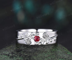 Round red ruby wedding band mens solid 14k white gold leaf floral wedding ring unique anniversary ring gift nature inspired Engagement Ring