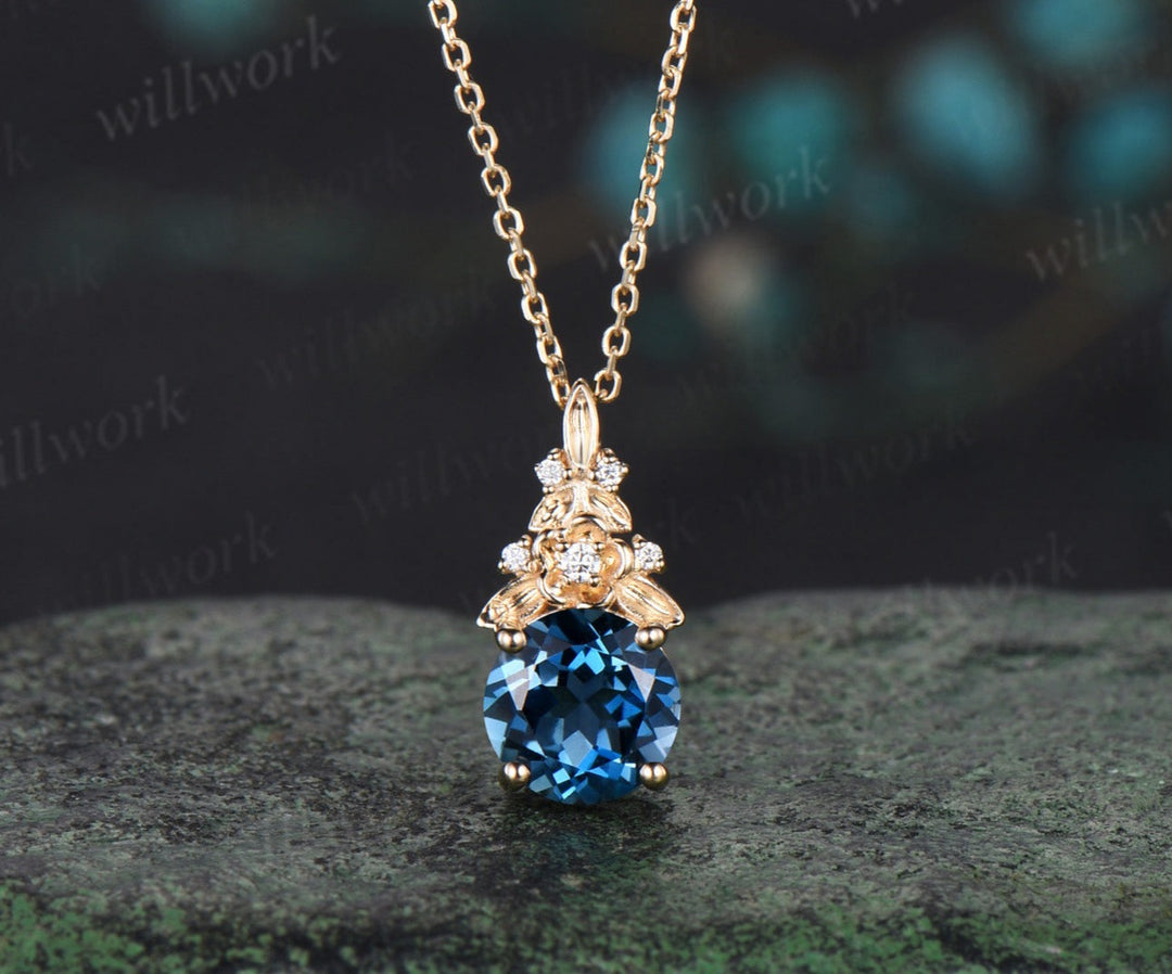 Vintage round cut London blue topaz necklace 14k yellow gold Floral leaf diamond pendant women anniversary gift jewelry