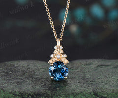 Vintage round cut London blue topaz necklace 14k yellow gold Floral leaf diamond pendant women anniversary gift jewelry