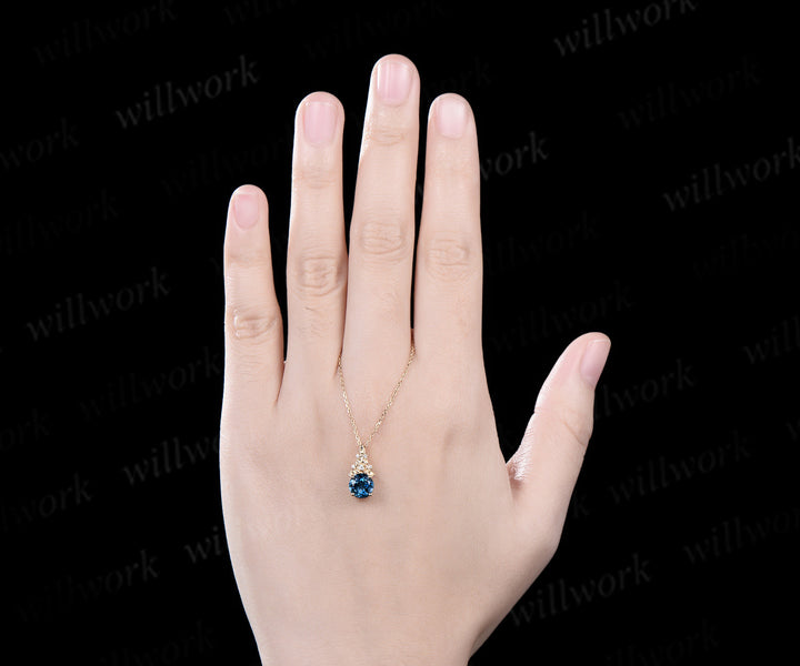 Vintage round cut London blue topaz necklace 14k yellow gold Floral leaf diamond pendant women anniversary gift jewelry