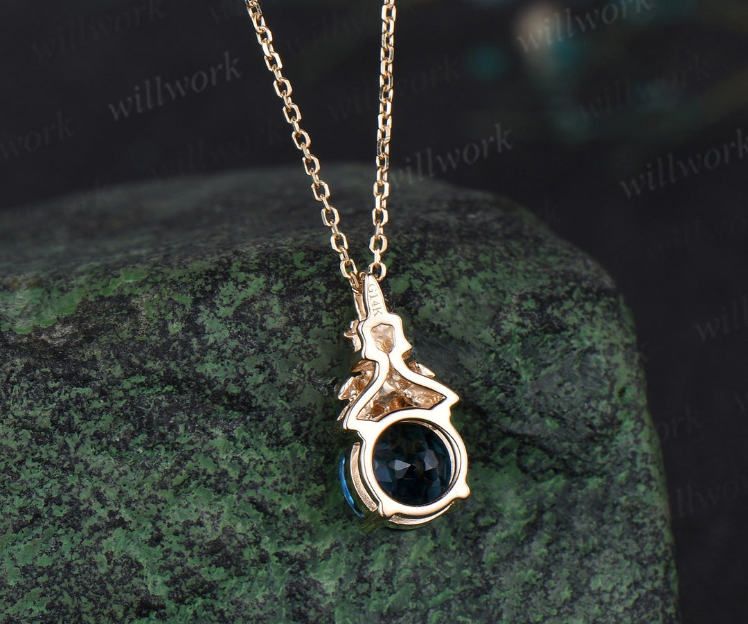 Vintage round cut London blue topaz necklace 14k yellow gold Floral leaf diamond pendant women anniversary gift jewelry