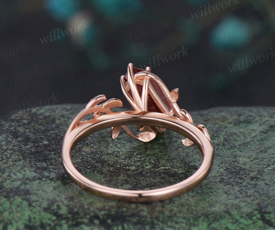 Shield shaped red garnet Engagement Ring rose gold nature inspired leaf Solitaire wedding anniversary ring gift