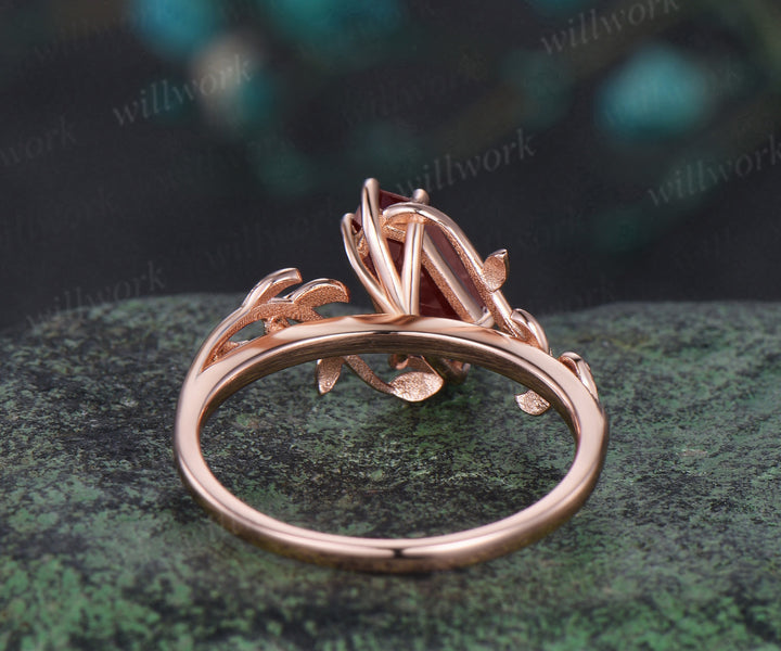 Shield shaped red garnet Engagement Ring rose gold nature inspired leaf Solitaire wedding anniversary ring gift