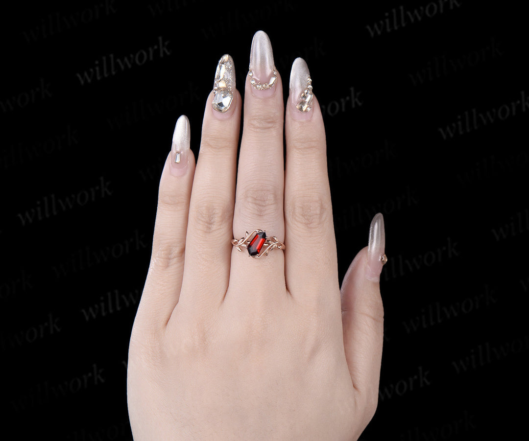 Shield shaped red garnet Engagement Ring rose gold nature inspired leaf Solitaire wedding anniversary ring gift