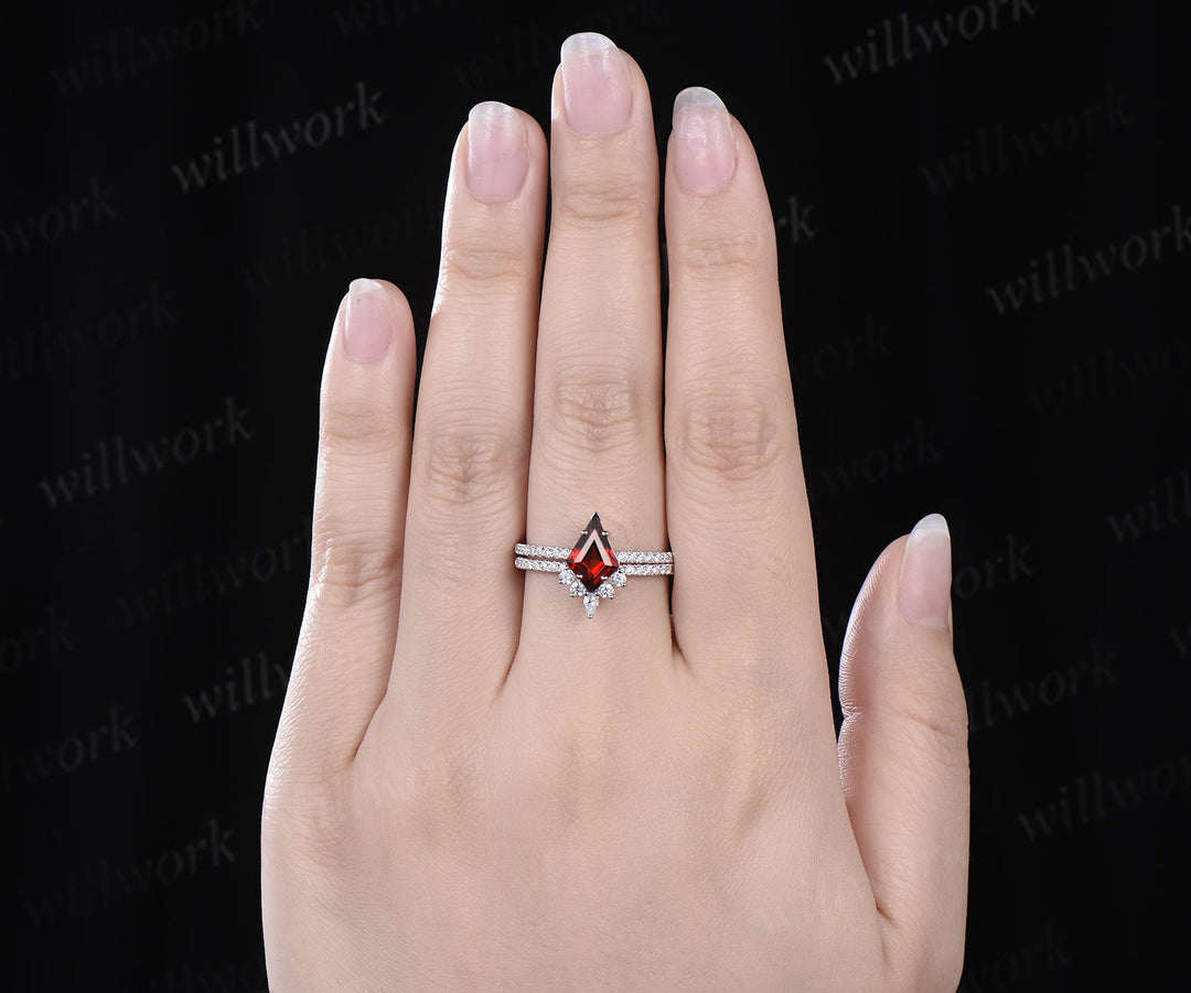 Unique kite cut red garnet engagement ring set women solid 14k white gold half eternity diamond bridal anniversary ring set gift