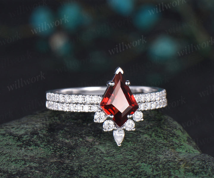 Unique kite cut red garnet engagement ring set women solid 14k white gold half eternity diamond bridal anniversary ring set gift