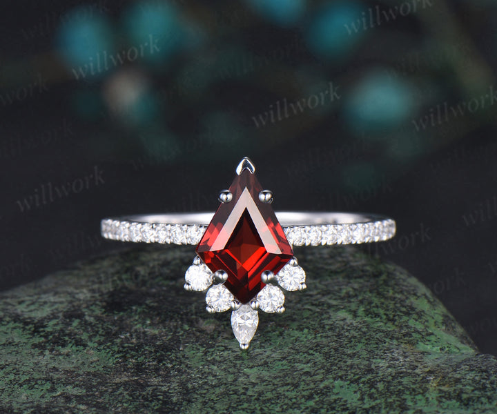 Unique kite cut red garnet engagement ring set women solid 14k white gold half eternity diamond bridal anniversary ring set gift